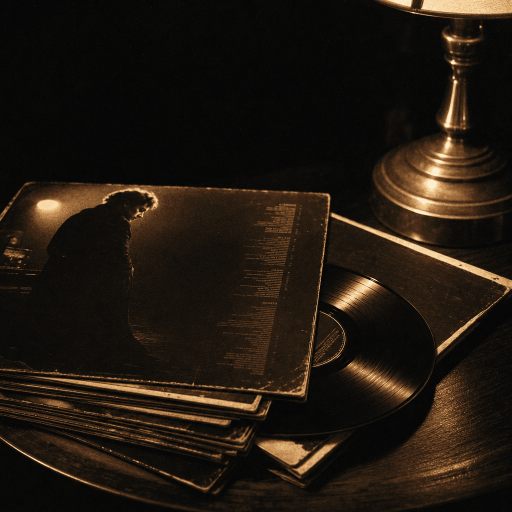 Worn record sleeves and one record half out of its cover, lit by a brass lamp.