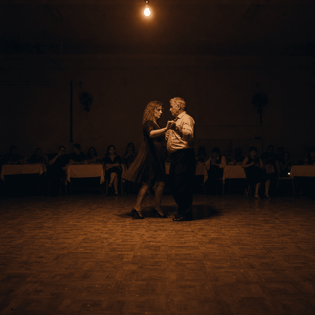 An almost empty dance floor at 23:00, two people dancing alone while the rest of the room stays seated.